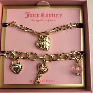 Juicy Couture Gold Tone Charm Bracelet Set Quilted Heart, Key & Lock Charms NIB